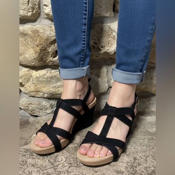 Taryn by Taryn Rose Shoes - TARYN Rose Black Suede Nubuck  T-Trap High Wedge Heels Strappy Bow Sandals W’s 7